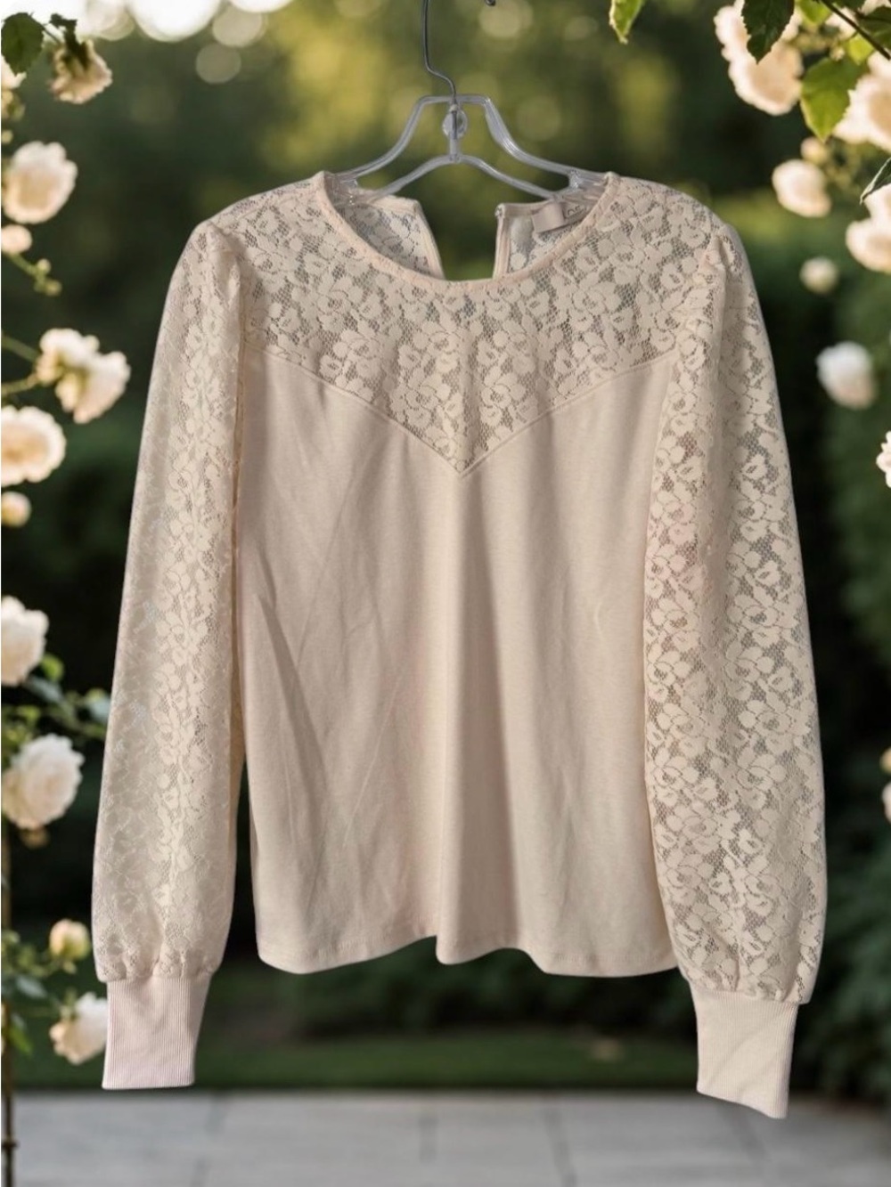 LOFT Cream Lace Yoke Long-Sleeve Top